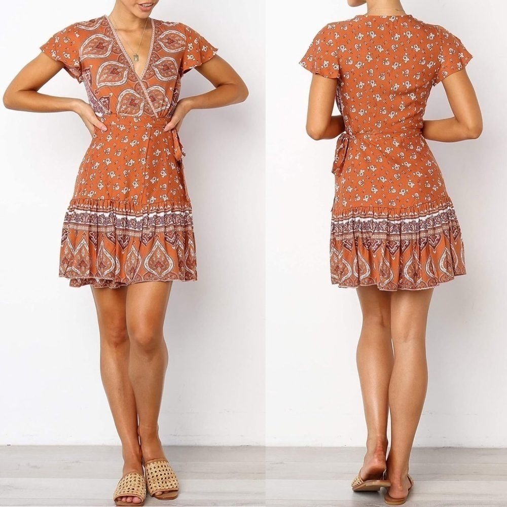 Boutique Summer Wrap V Neck Bohemian Floral Print Ruffle Swing A Line Mini Dress - Picture 2 of 10